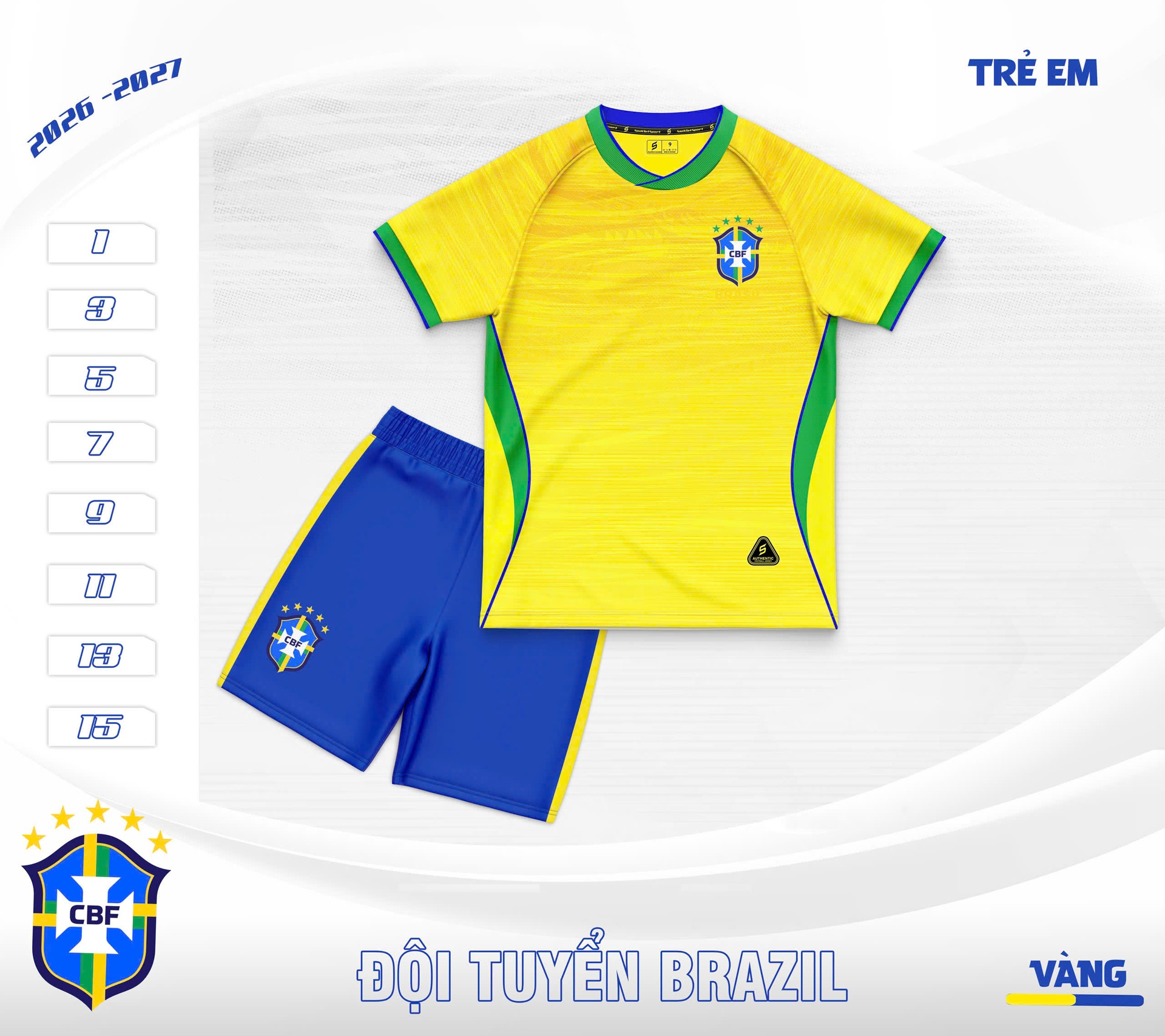 Bộ áo bóng đá trẻ em Brazil vải mè Sao Việt